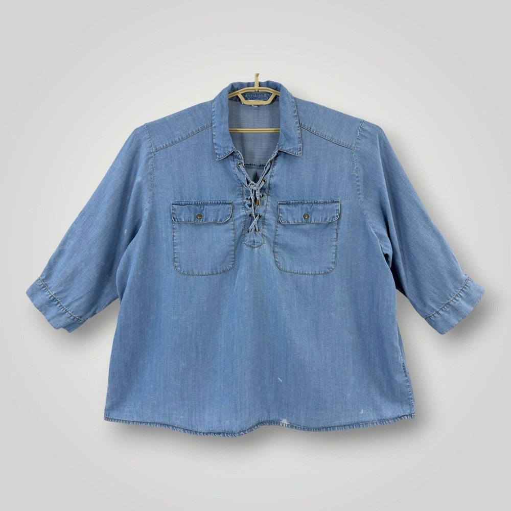 Jane + Delancey Womens 3X Blue Lyocell Lace Up Tunic Roll‎ Tab Blouse